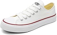 OPOEE Women's White Low Top Canvas Sneakers - Breathable Lace-Up Casual Walking Tennis Shoes for All-Day Comfort
