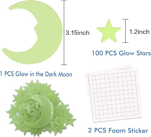 Miniatura 2 de Calcomanías de estrellas que brillan en la oscuridad, 100 estrellas para techo, estrellas brillantes 3D con luna, estrellas adhesivas que brillan en