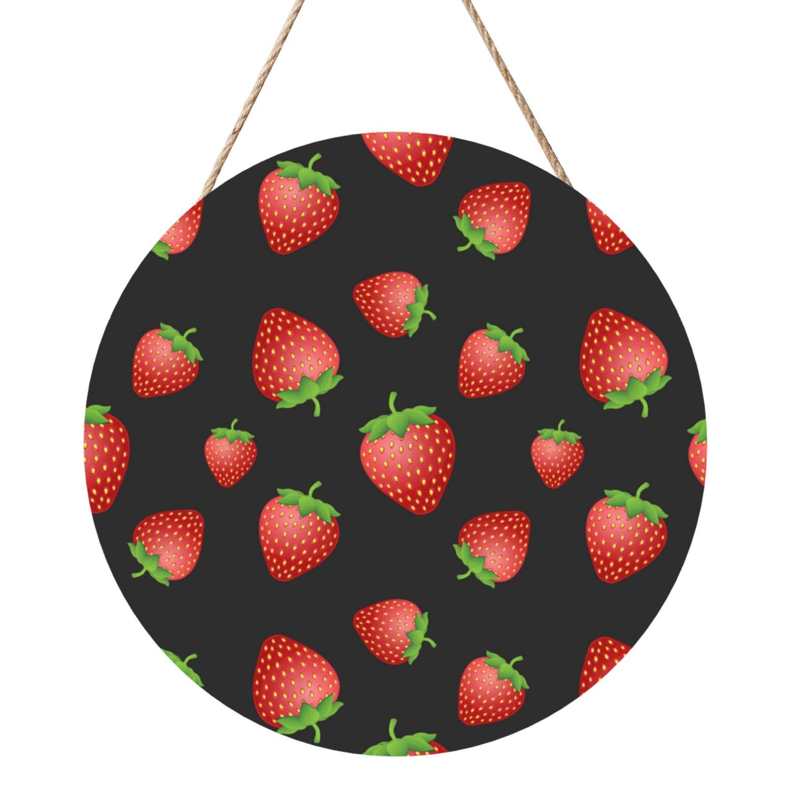InOmak Strawberry Pink Strawberry Print, Round Wood Panel Painting 12 in, Wall Hanging Painting For Home