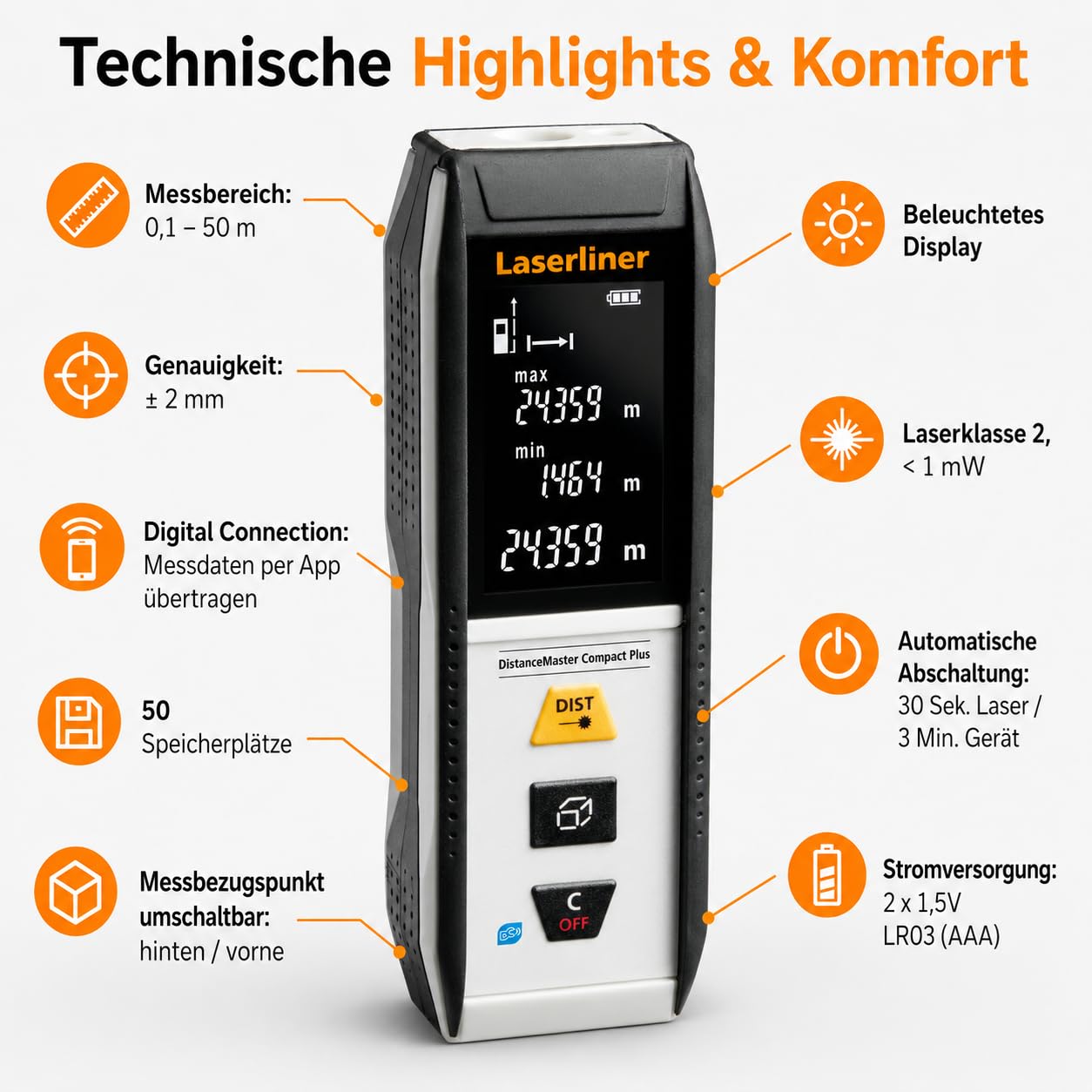 Laserliner Télémètre Laser DistanceMaster Compact Plus 50 | Portée de 50 m, Mesure Numérique, Mesure Longueur/Surface/Volume, Appareil de Mesure