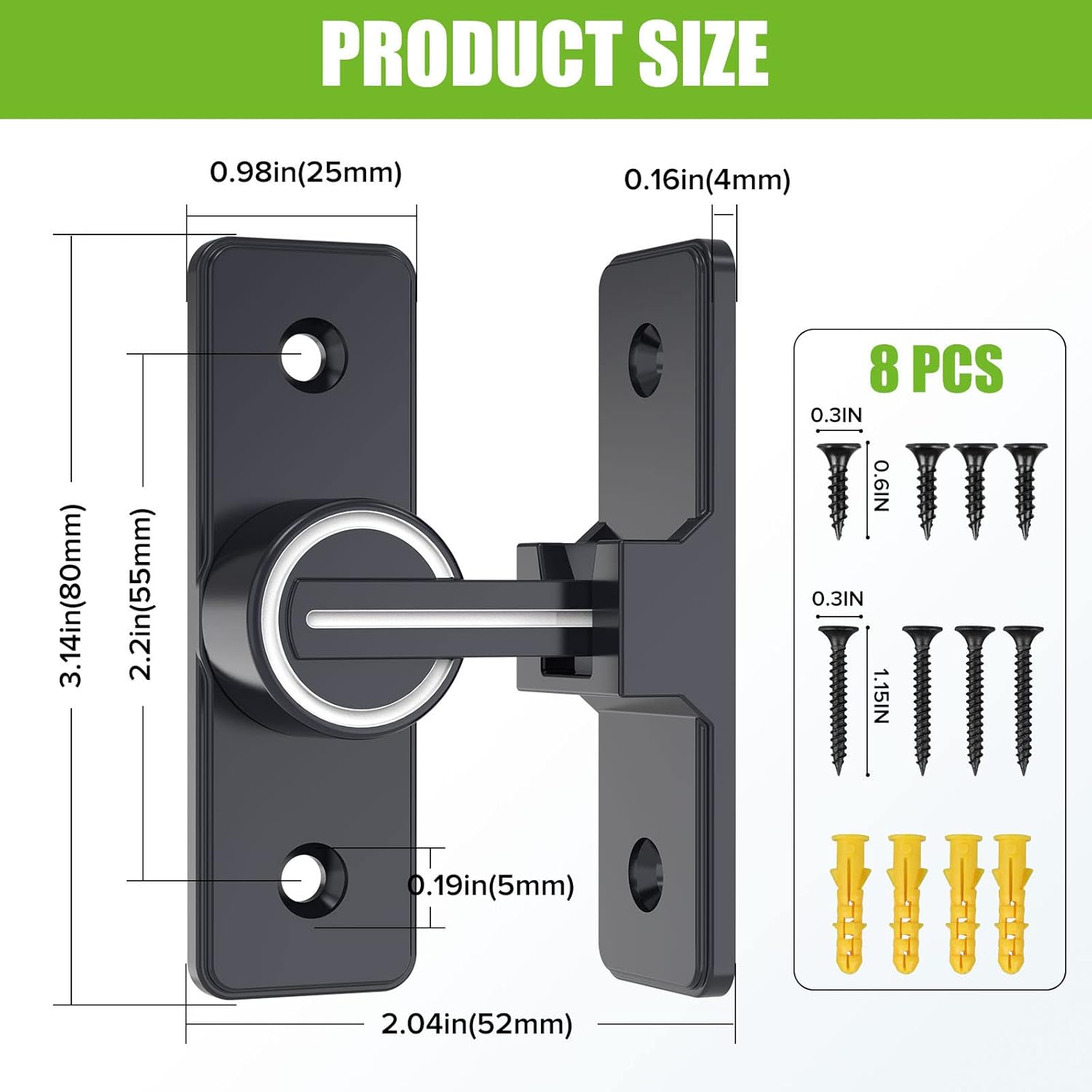 Barn Sliding Door Lock Hardware, 90 Degree Heavy Duty Gate Latches Flip Latch Safety Door Bolt Latch Lock, Gate Latch Lock Suitable for Garden, Bathroom, Outdoor, Garage, Pack of 2 (Black (Luminous))