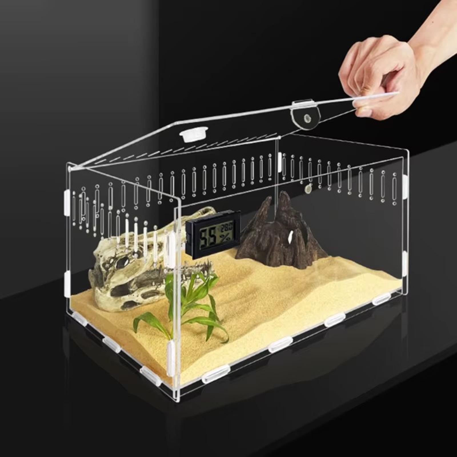 Terrario Acrílico para Reptiles, Contenedor Portátil, Hábitat para Anfibios como Serpientes Y Jerbos, L Size Single Grid