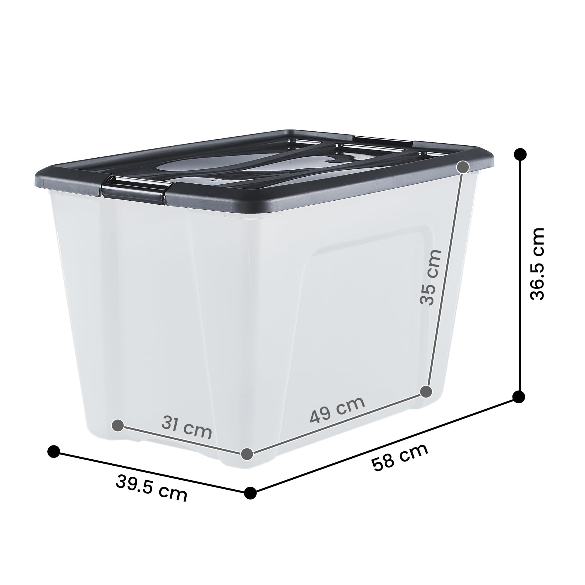 Iris Ohyama, Kunststoff-Aufbewahrungsbox, 60 l Garagen-Aufbewahrungsbox, 4er-Set, BPA-frei, NTB-60, Schwarz, stapelbar, Verschlussclips – B58 x T39,5 x H36,5 cm
