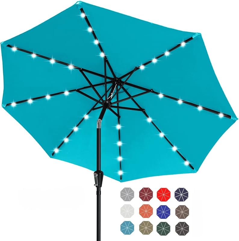 ABCCANOPY Solar Led Patio Umbrella with 32 Lights 9FT(Turquoise) | Fade & UV Resistant Fabric,8 Heavy-Duty Ribs,Waterproof，Wind Vent Top,Crank & 45° Tilt,Ideal for Patio,Backyard,Garden