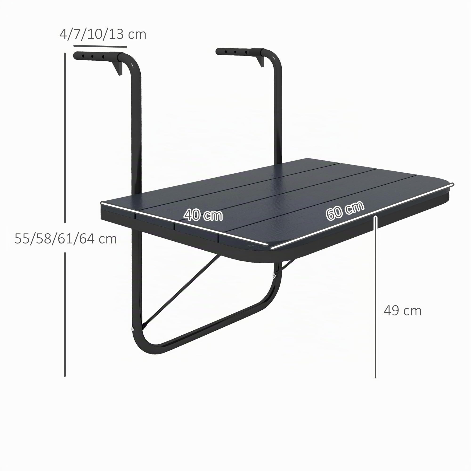 Outsunny Table de Balcon Suspendue Pliable 60L x 40l x 55-64H cm Noir | Plateau Rectangulaire, Hauteur Réglable, Cadre en Aluminium
