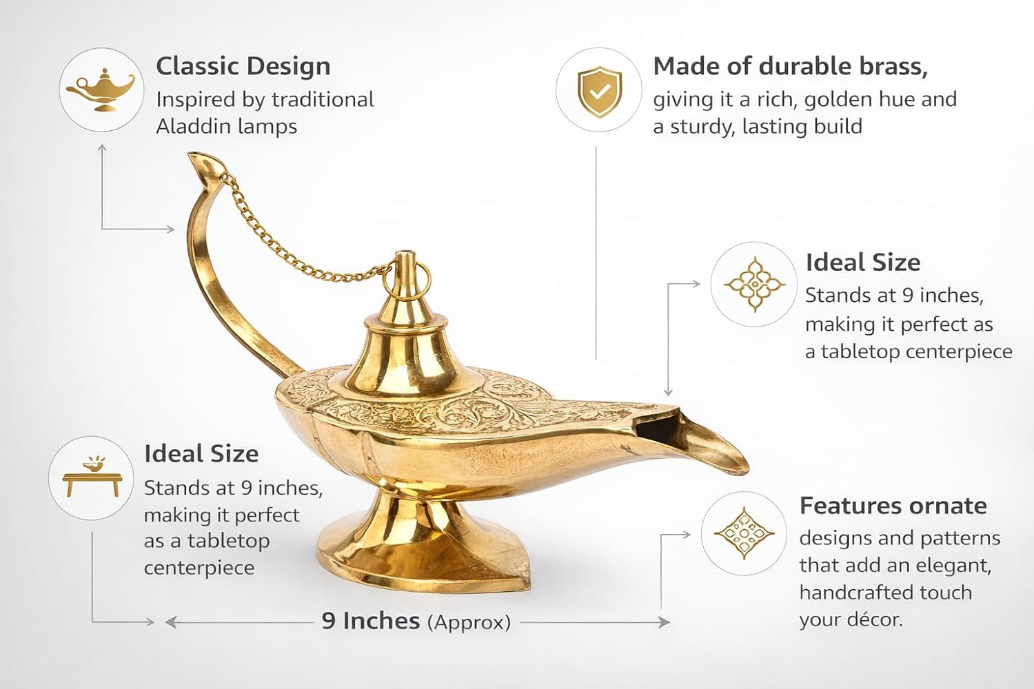 ALFAMART HT Exquisitely Handcrafted (9-Inch aprox) Brass Aladdin Oil Lamp with Intricate Detailing and Antique Finish – Perfect for Home Décor, Unique Centerpiece, and Vintage Collector's Piece