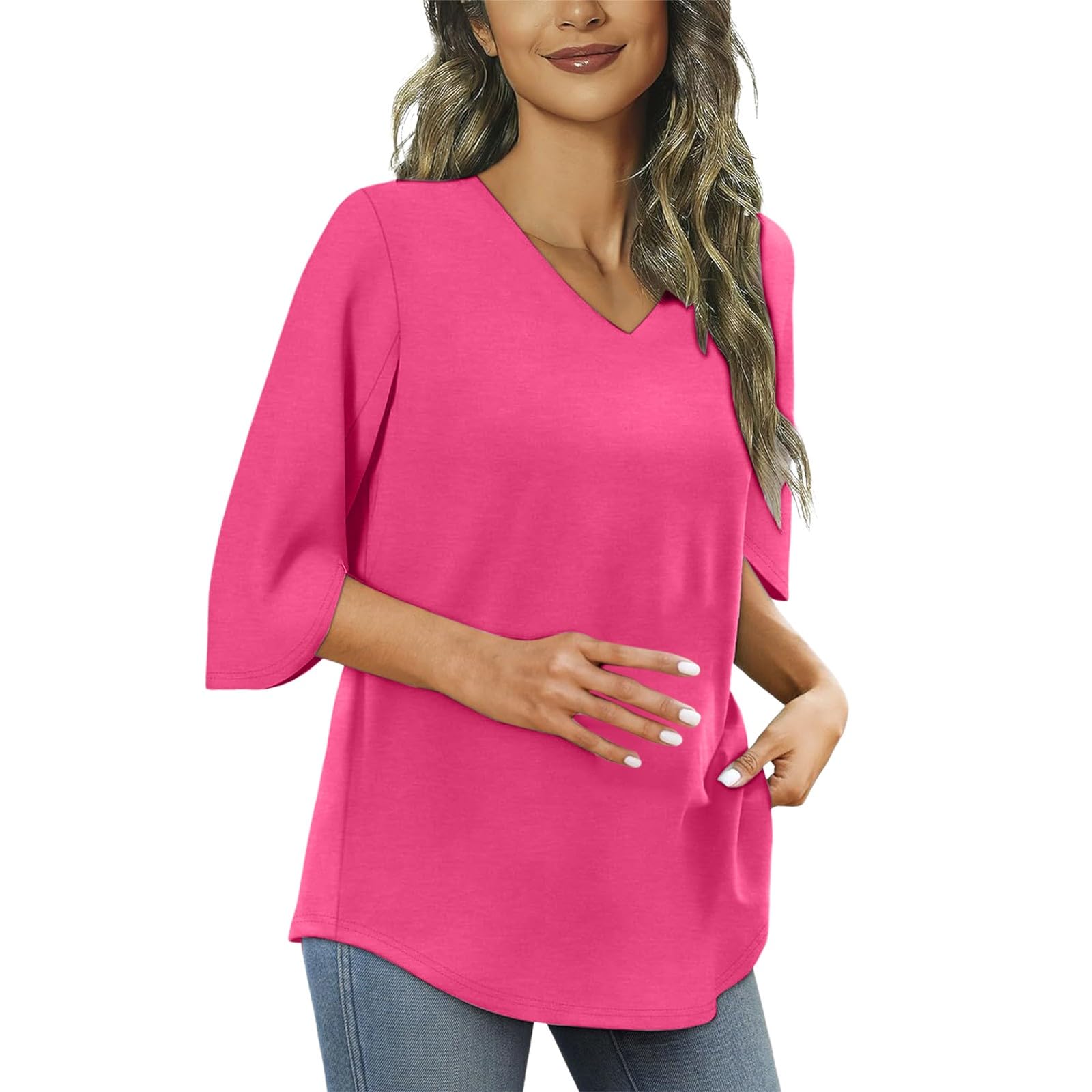 Tee Shirt Ete Femme Manches 3/4, Tunique Grande Taille Femme Col V,Haut Chic Et élégant Couleur Unie Tops Tendance Basiques Ourlet Asymétrique Chemise Léger Fluide Ample De Plage Quotidien Blouse