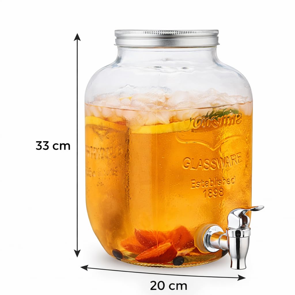 Dispenser Bevande in Vetro 4L con Rubinetto e Tappo Acciaio Ermetico, Barattolo per Acqua, Cocktail e Bibite, 33x20 cm, Contenitore per Feste, Catering, Casa e Giardino, Design Elegante