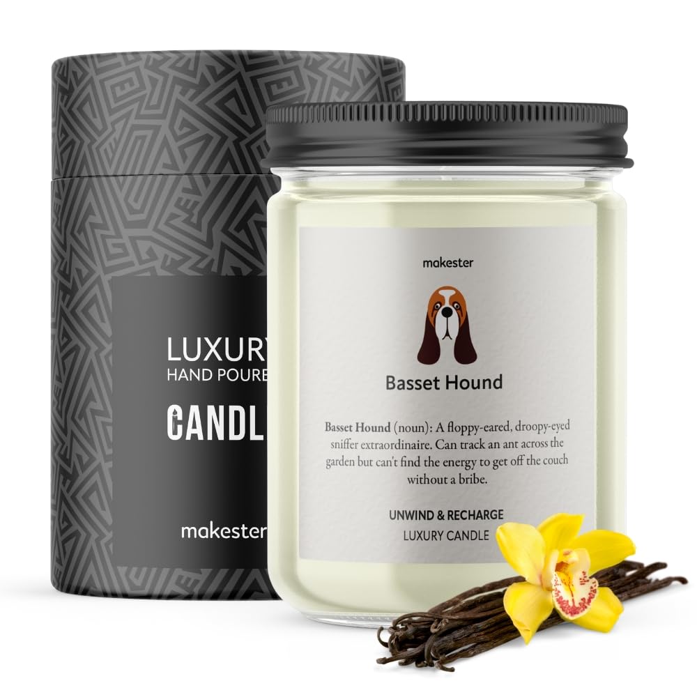 Basset Hound Gifts - Luxury Soy Wax Candle - Vanilla, Jasmine, Sugared Almond - Makester
