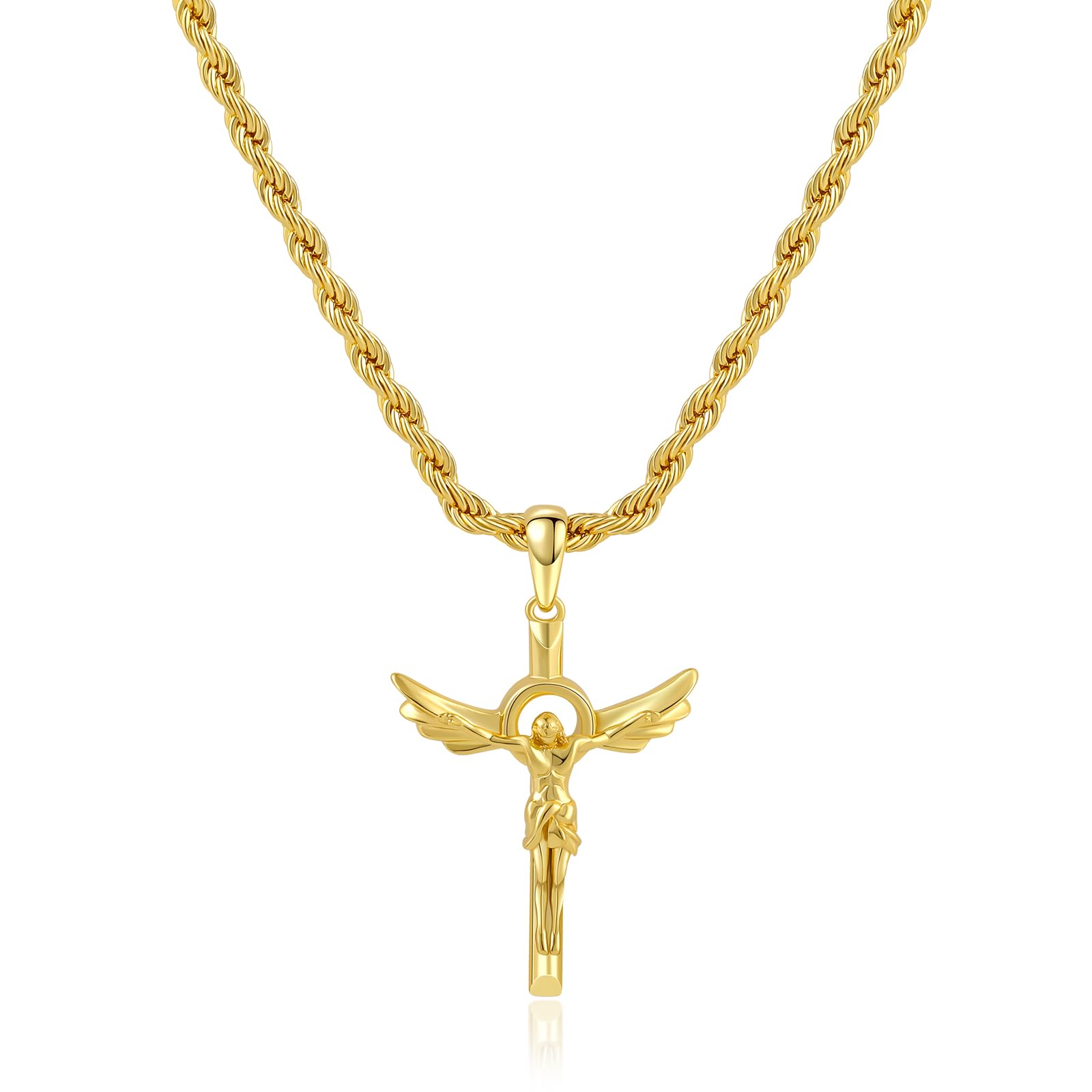 MOFEIJEW 14k white/Yellow Gold Plated Cross Pendant Necklace for Women Men with 3mm Rope Chains Pendant |Stainless Steel Crucifix, Length 22 inch