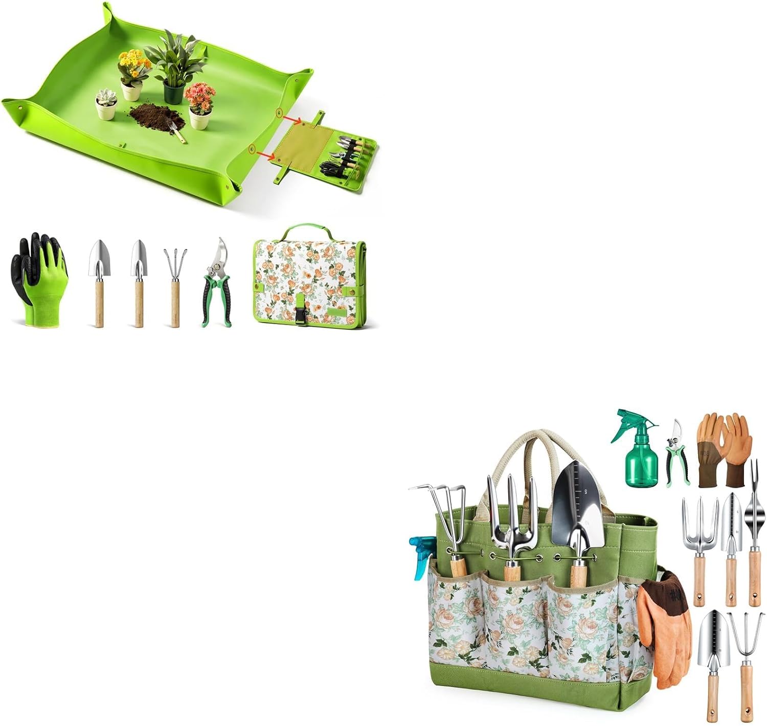 Grenebo Gardening Tools 9-Piece and 7 Piece Gardening Hand Tools with Plant Repotting Mat & Tool Bag