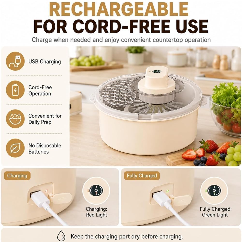 Pealeaf Centrifuga Elettrica Frutta E Verdura, Lava Insalata con Ciotola, Pulitore Automatico per Lattuga Bacche Erbe Base Antiscivolo (Beige,Manual)