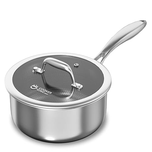 COOKER KING 1.5 Quart Stainless Steel Saucepan, Nonstick Sauce Pan, Ceramic Suce Pot with Tempered Glass Lid, Induction Pot Compatible with All Cooktops, Dishwasher & Oven Safe(PFAS/PFOA/PTFE Free) - 1.5 Qt