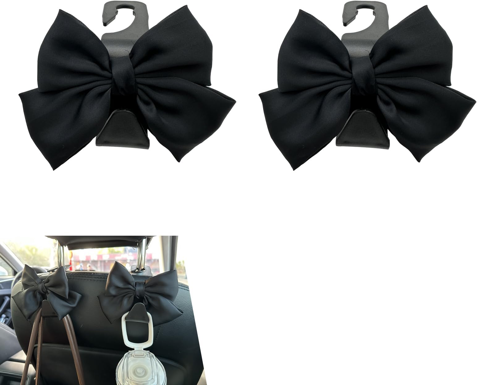 2 PCS Car Seat Headrest Hooks, Cute Bow Purse Hook Hanger, Car Rear Seat Storage Hooks for Purses, Bags, Umbrellas, Universal Interior Decoration Accessories for SUV, Sedan, Truck (Black)