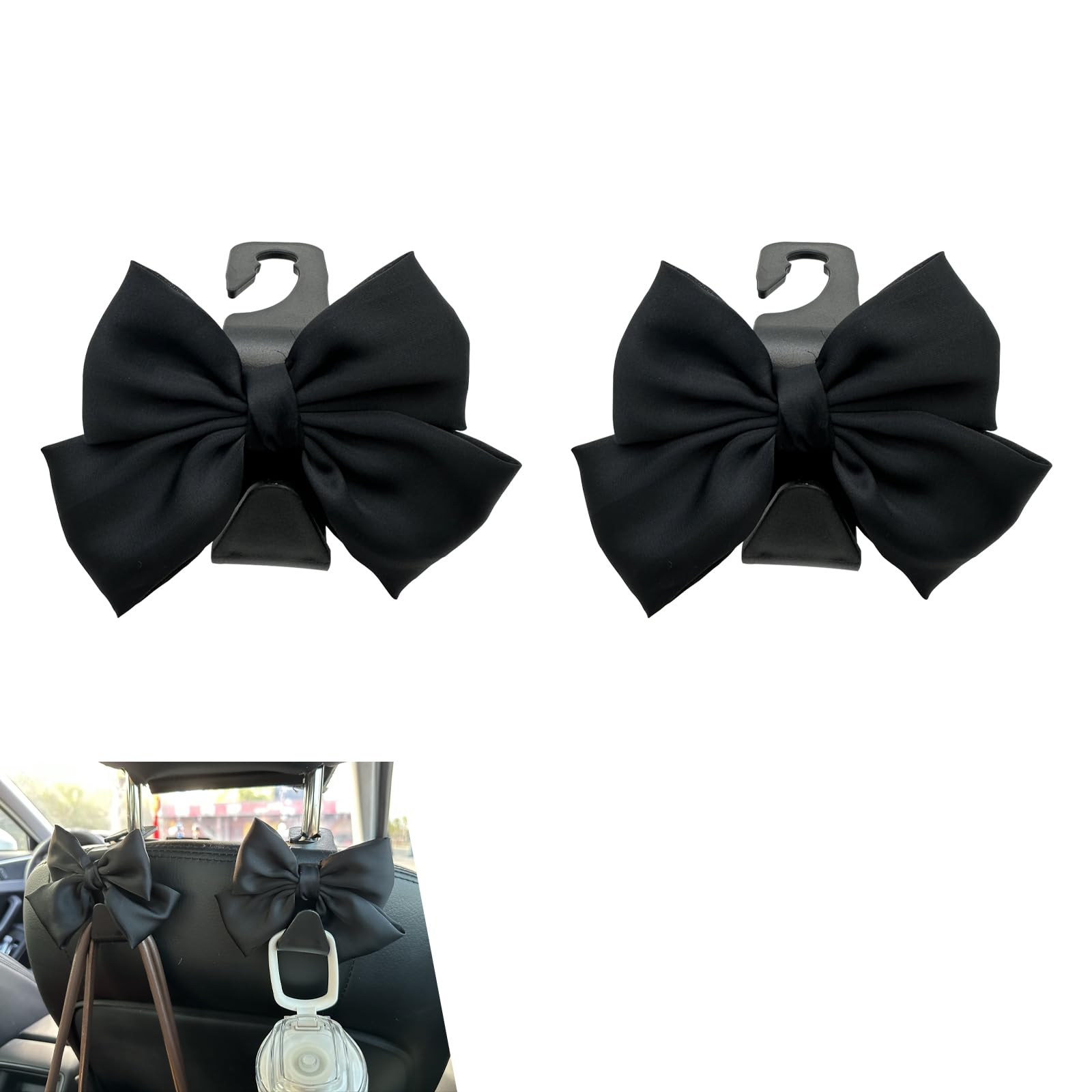 2 PCS Car Seat Headrest Hooks, Cute Bow Purse Hook Hanger, Car Rear Seat Storage Hooks for Purses, Bags, Umbrellas, Universal Interior Decoration Accessories for SUV, Sedan, Truck (Black)
