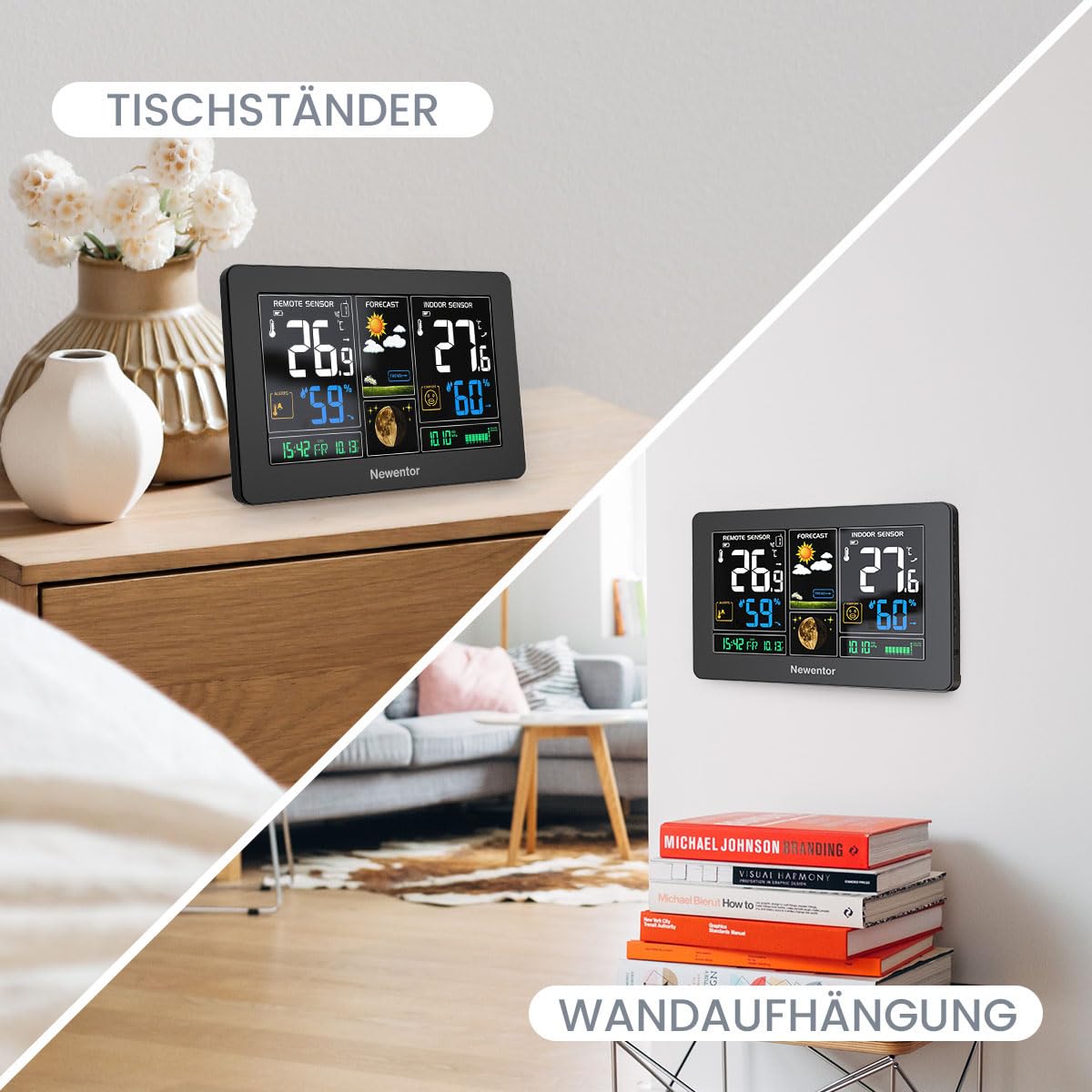 Newentor Wetterstation Funk mit Außensensor, Funkwetterstation Wettervorhersage Temperaturwarnung DCF Funkuhr, Schwarz