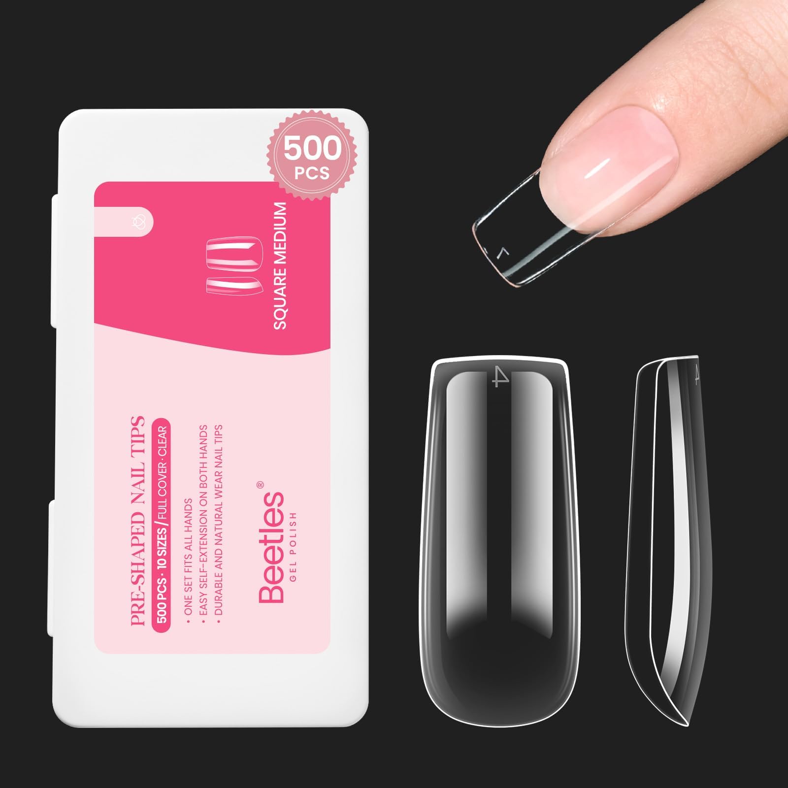 Beetles Medium Square False Nails Tips 500Pcs Fake Gel Tips Acrylic Press on Nails Clear Artificial False Nails Need Nail Glues for Acrylic Nail/Dip/Poly Nail Extension Gel Nail Art Christmas Gifts
