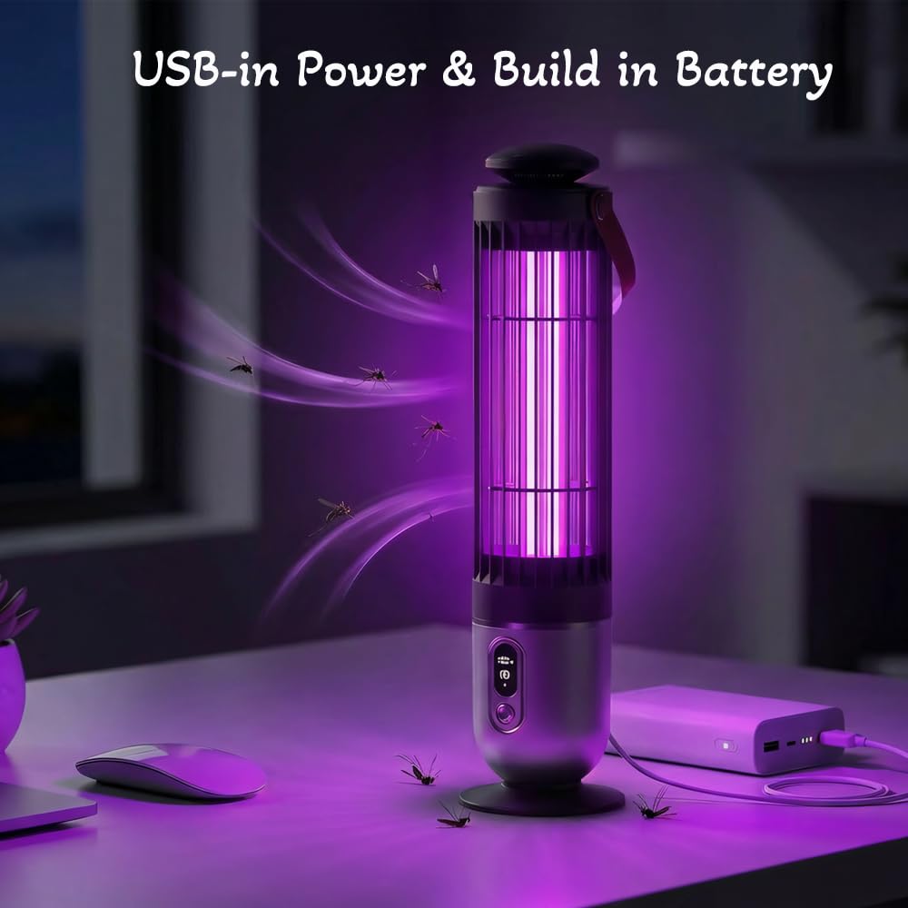 FanFuGuo® Lampe Anti Moucherons Anti Moustique Mouche Rechargeable, Lampe UV et veilleuse 2 en 1 avec capteur crépusculaire, Anti Insectes Volants Tue Mouche Electrique Intérieur et extérieur (Black)