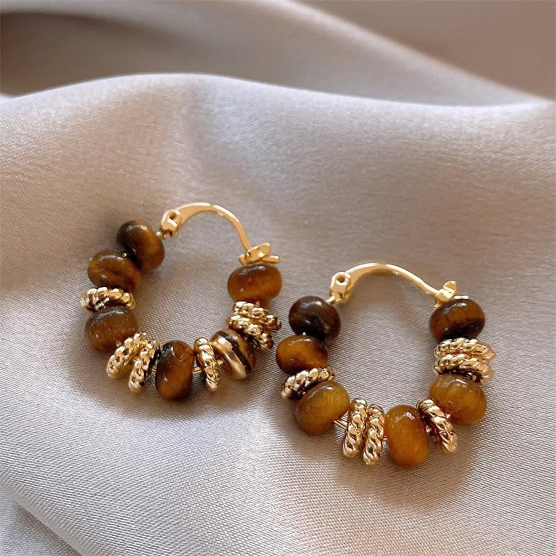 18K Gold Plated, Tiger Eye Beaded Hoop Earrings for Women – Small Brown Resin & Gold Textured Bead Statement Hoops – Elegant Boho Jewelry for Daily Wear or Gifts - Image 4