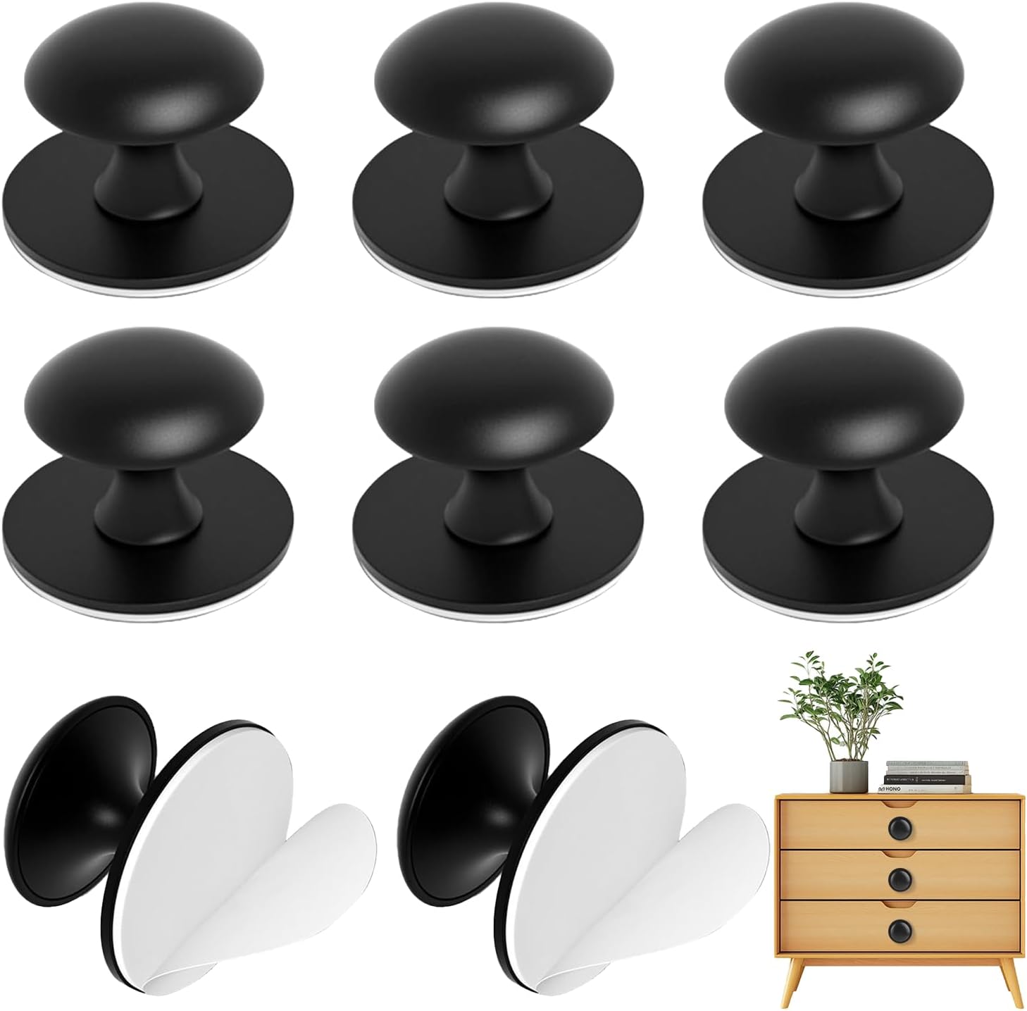 Pack of 8 black cabinet knobs, no drilling handle replacement, self-adhesive cabinet knobs, suitable for windows, cupboards and drawers