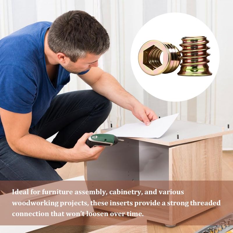 20-Piece M8 x 13mm Threaded Insert Nuts for Wood - Hex Drive Installation, Zinc Plated Carbon Steel