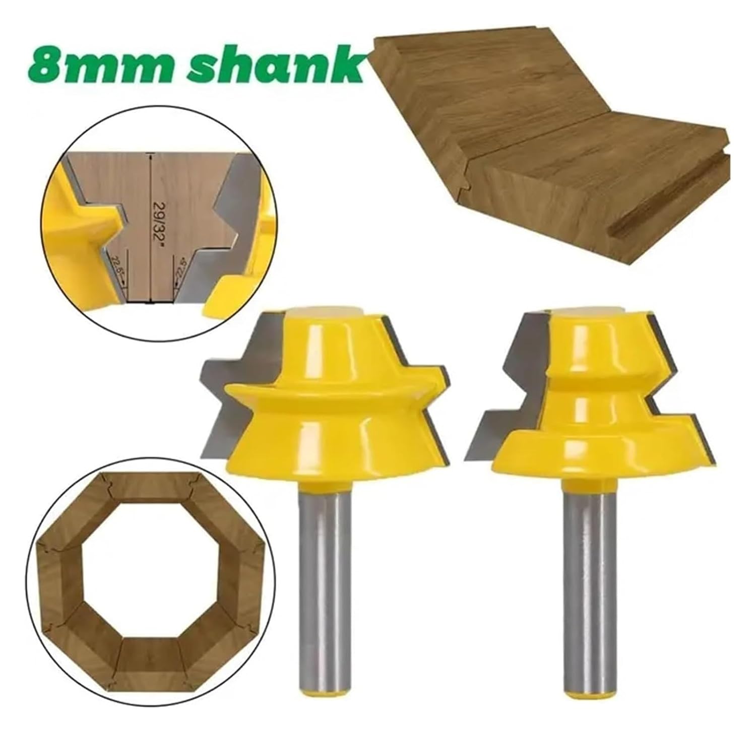 TLGH 2pc Lock Miter Router 22.5 Degree Glue Joinery Router Bit - 12.7mm 12mm 8mm Shank Woodworking Cutter Cutter for Woodworking(8mm Shank)