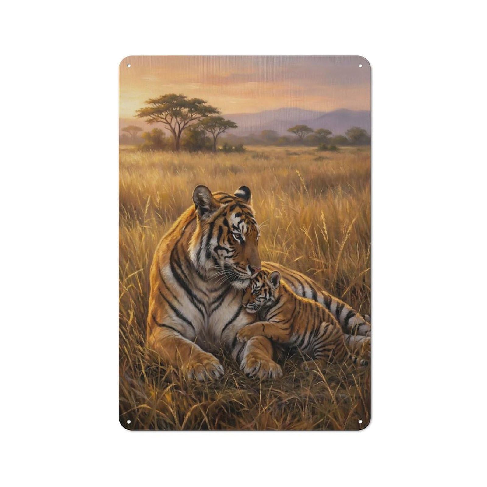 Junmoney Style-10 Workshop Style Tiger Mother And Cub In Savannah Tin Sign 30X20cm, Industrial Wall Art For Garage, Hobby Room, Office Or Man Cave