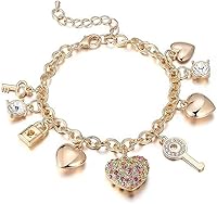 SILANER 14K Gold Plated Chain Link Charm Bracelet for Women - 7"+2" Extender, Heart Crystal Key Lock Charms, Hypoallergenic Love Bracelet
