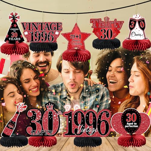 Image of 9Pcs 30th Birthday Decorations Red and Black 30th Birthday Party Decorations for Women,Happy 30 Years Vintage 1996 Aged Honeycomb Centerpieces Table Sign Decor Supplies