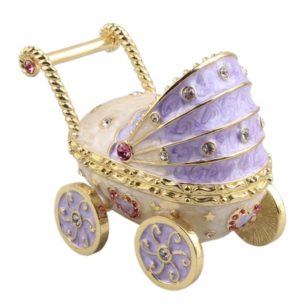 YOPI Handmade Enameled Baby Carriage Trinket Box – Stroller Jewelry Organizer For Rings, Earrings, Necklaces – Metal Craft Home Decor,