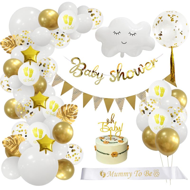 Balloon Arch Kit for Baby Shower Decorations Set - 65PCS Neutral （Baby Girl, Boy）White & Gold Baby Party Balloons Decor,Balloon String,Mummy to Be Sash,Baby Shower Cake Topper,Banner,Confetti Balloons