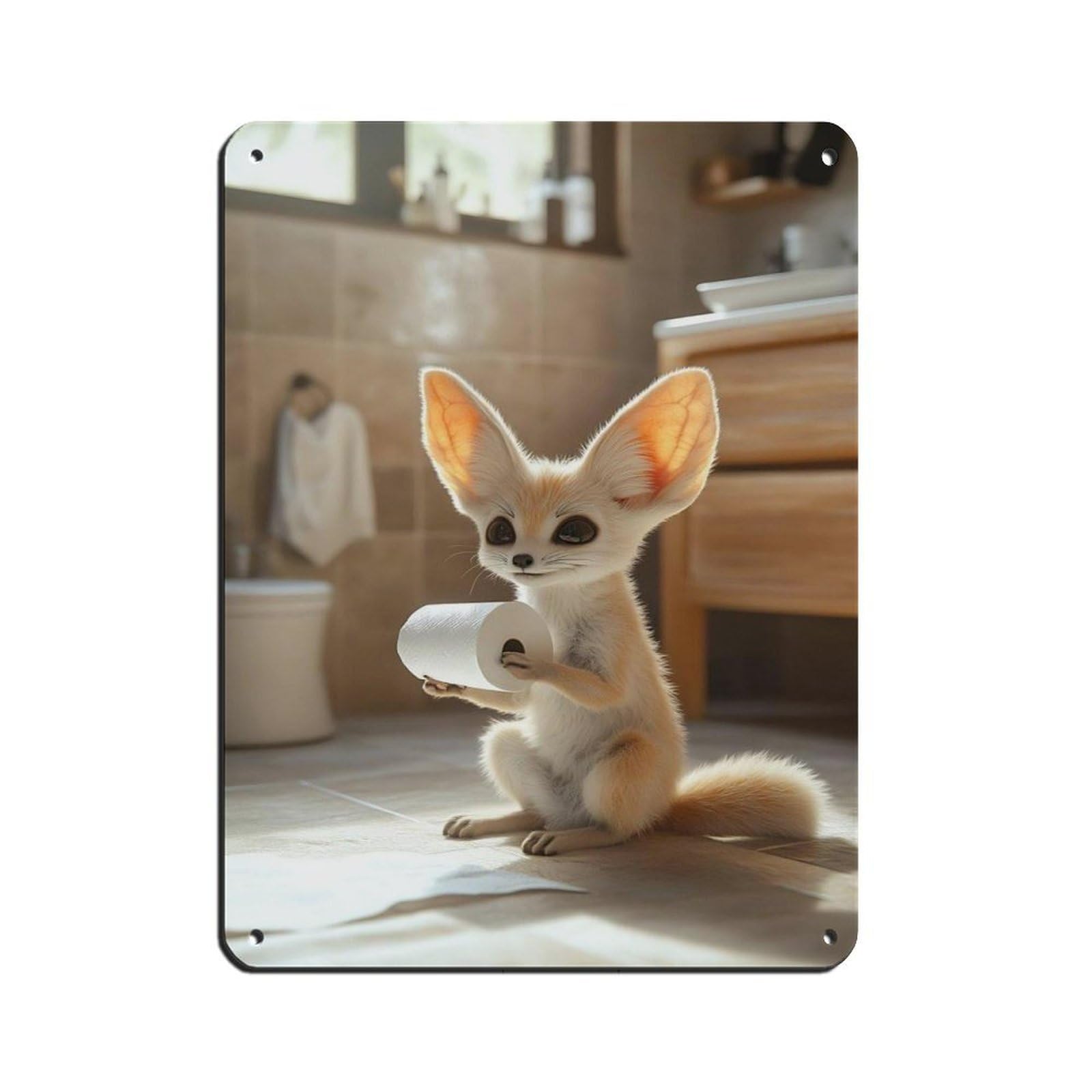 Cute Fennec Fox Holding Toilet Paper Retro Poster Metal Tin Sign Chic Art Retro Iron Painting Bar People Cave Cafe Family Garage Poster Wall Decoration 12x16inch(30x40cm)