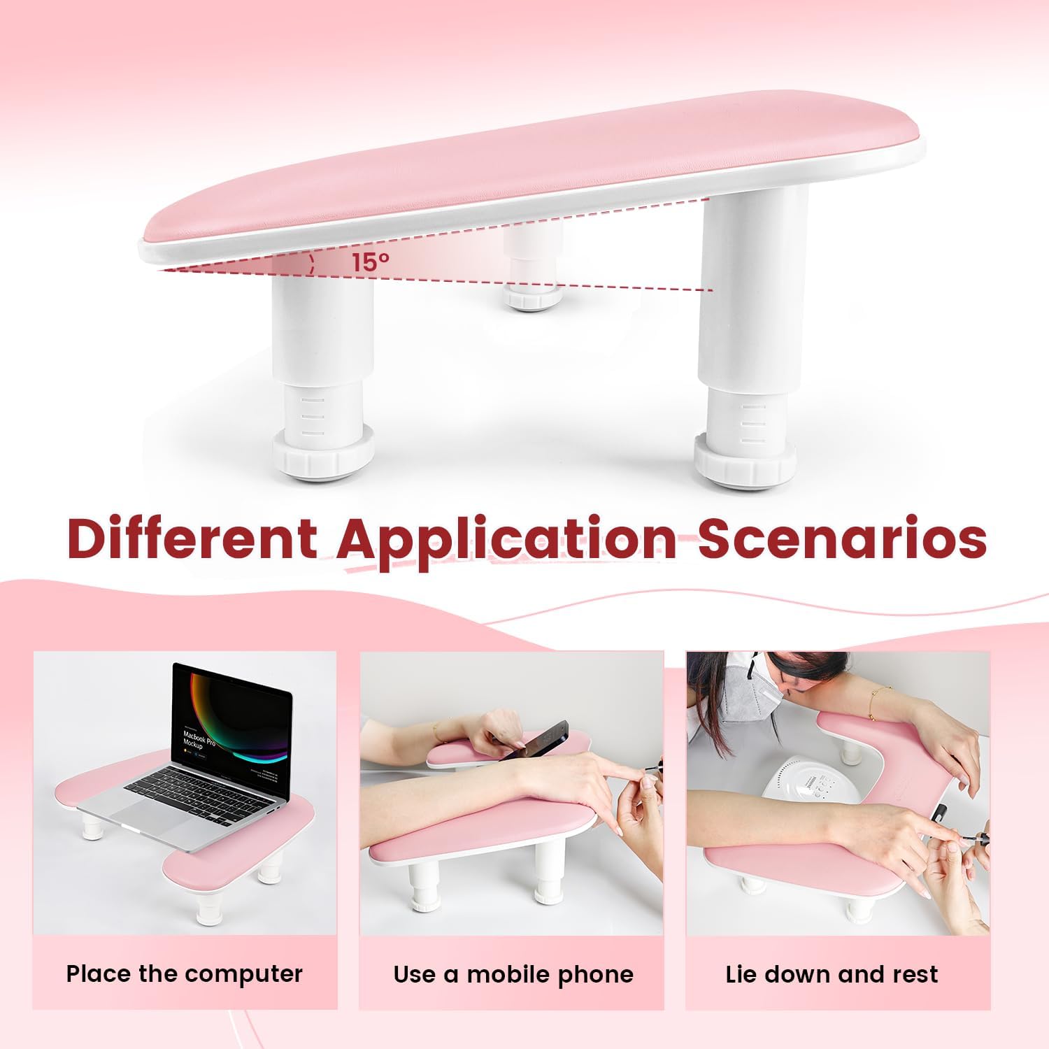 JODSONE Bracciolo rosa a forma di U per chiodo tecnico, con supporto per cellulare girevole a 360° integrato e bracciolo regolabile per manicure in salone