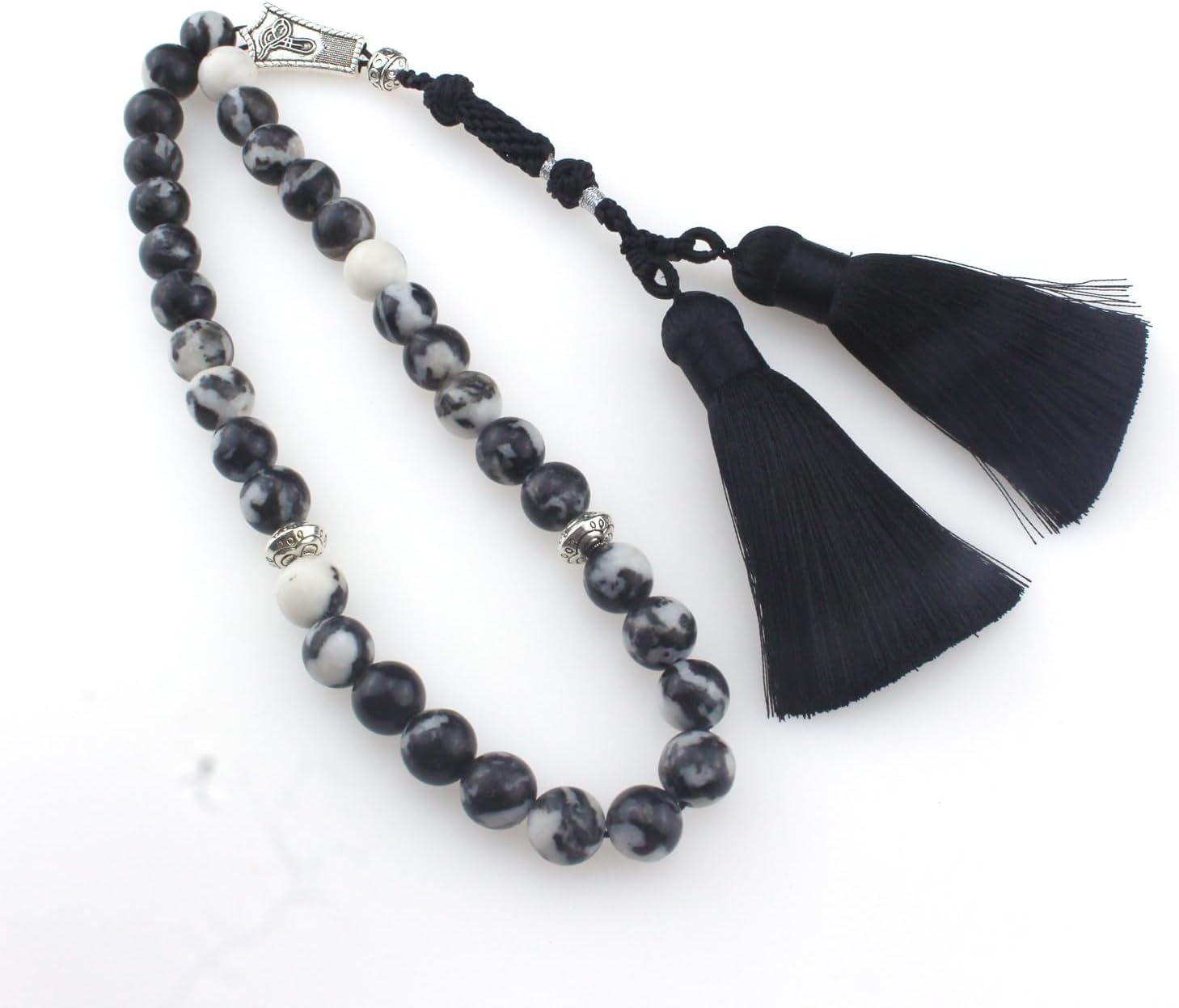 Muslims Islamic Dhikr 33 Tasbeeh Tasbih Prayer Beads, Black White Stone Beads with Tassel - Image 5