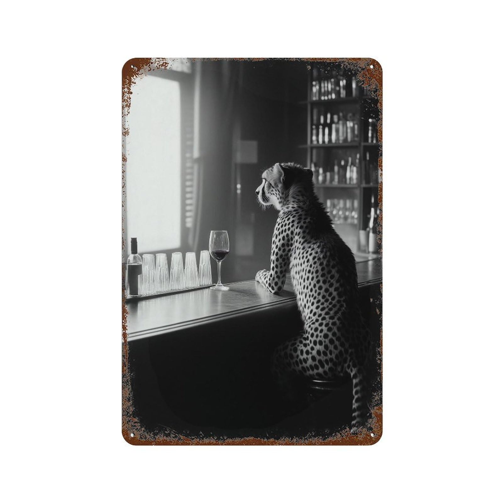 xiaoxiaoshen Cheetah Drinking at Bar Wall Decor Art Metal Tin Poster Modern Home Decor Art Home Bar Shop Decorations Vintage Sign 30x20cm