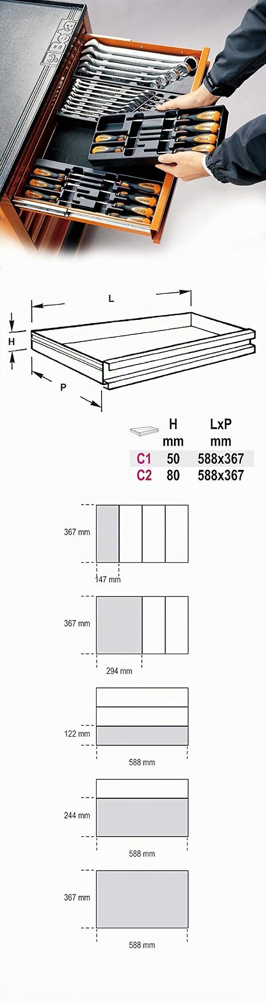 Beta T50 - Plateau thermoformé rigide avec composition d'outils