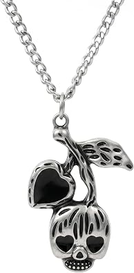 Gothic Skull Cherry Pendant Necklace - Halloween Punk Retro Style - Antique Silver Metal Jewelry for Woman Men-Cute Heart Gift for Halloween or Casual Wear