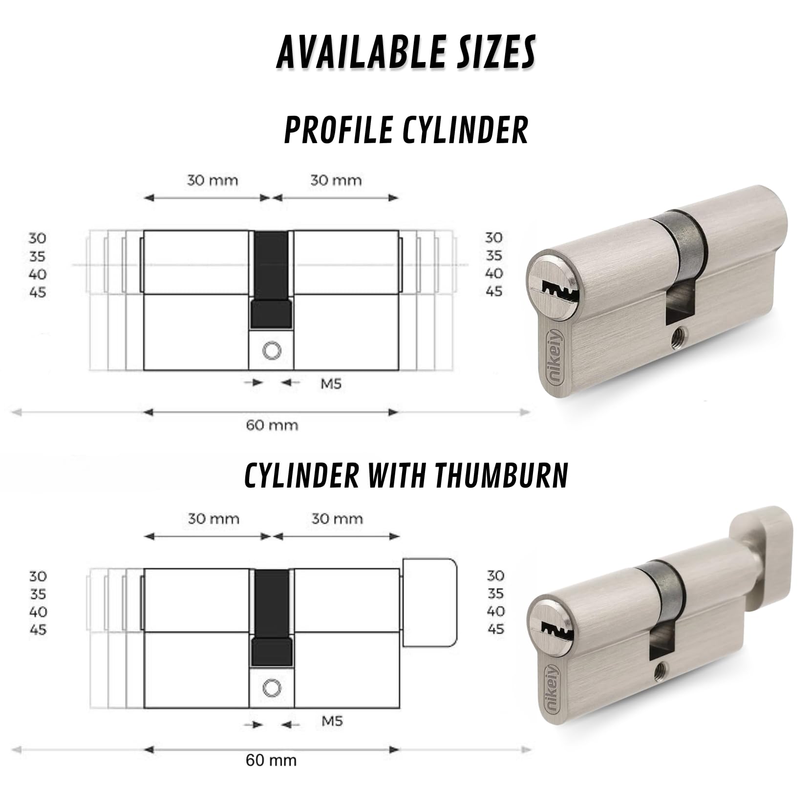 Lot de 4 cylindres pour serrures en laiton 30/30 mm, cylindre avec bouton, vis et clés incluses, facilement montable, serrure pour portes et garages, clé unique, longueur 60 mm