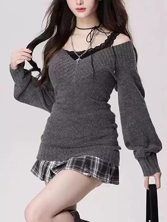 Misswddd Women's V-Neck Sweater, Knit Sewn Top, Rib Knit, Long Sleeve, Layered, Lace, Puff Sleeve, Tight, Autumn, Winter, Mass Production Type, Korean Style, Stylish, Cute, Loose, Soft