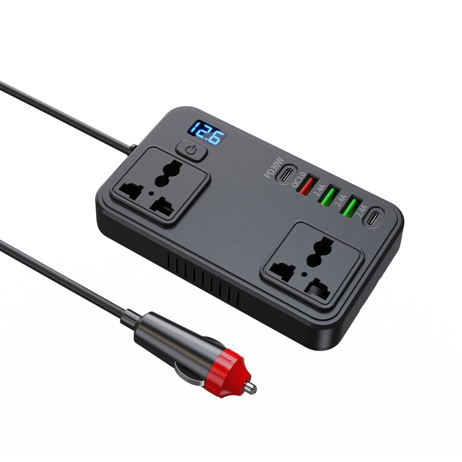 Fast Charging 150W Car Converter Multiple Safety Protection 12V to 110V Converter 7 Output Ports Multifunction Car Socket Portable for Road Journey, Camping, Office, Black Motors | P-image-28