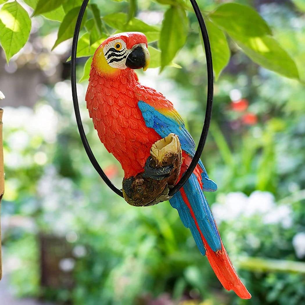 Estatua de pájaros Colgantes Innovador Anillo de Hierro Loro Estatua de jardín de esculturas Adorno Estatua de Resina al Aire Libre Loro Colgante artesanía Creative decoración del hogar