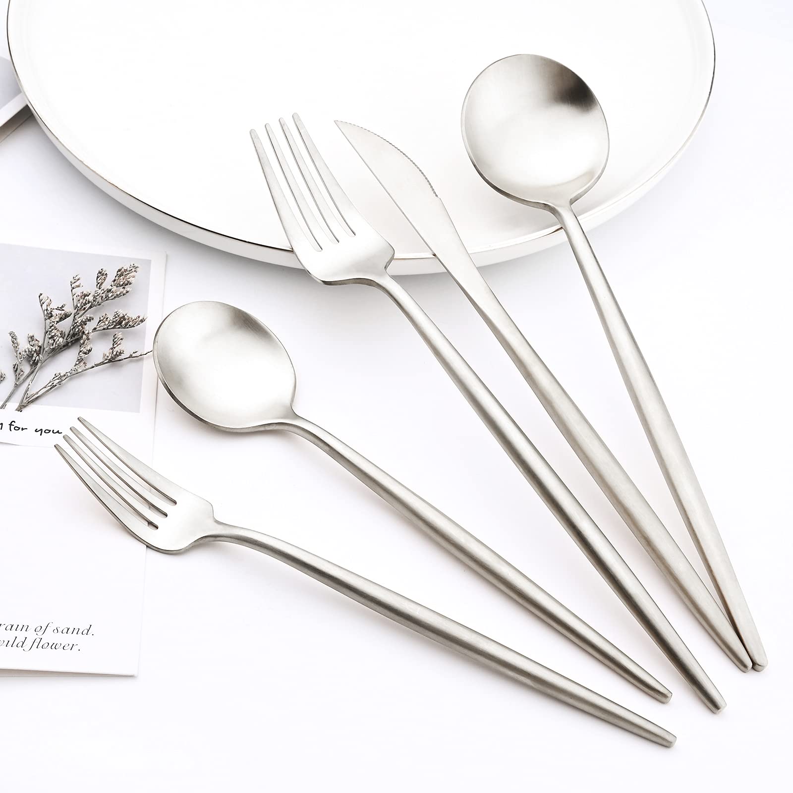 Juego de cubiertos de acero inoxidable 18/10 de 30 piezas, juego de cubiertos pesados mate, ideal para cenar en casa, pareja, restaurante, fiesta, banquete, servicio para 6 unidades (plata)
