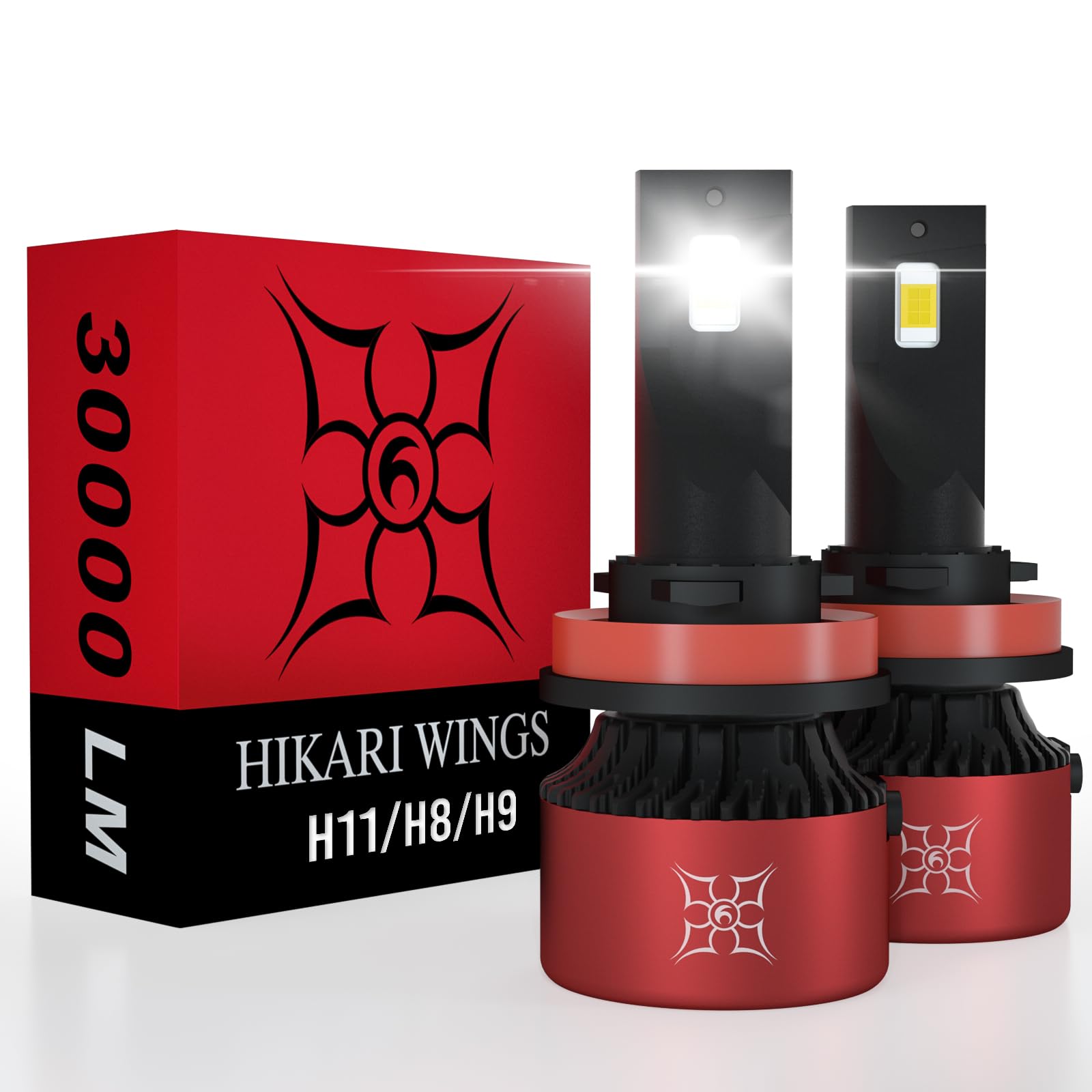 HIKARI WINGS H11 LED Headlight Bulbs, 30000LM 500% Ultra Bright Plug and Play Conversion Kit, 6000K Cool White, IP68 Waterproof, H8, H9, H16 Halogen Replacement, Pack of 2 - 2