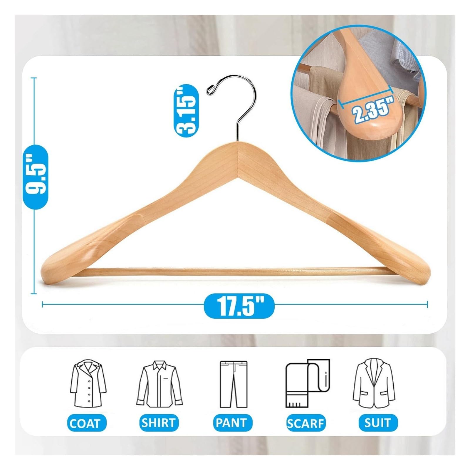 2 Stück breite Schulter-Kleiderbügel aus Massivholz mit glatter Oberfläche, geeignet for Pullover, Hosen und schwere Kleidung