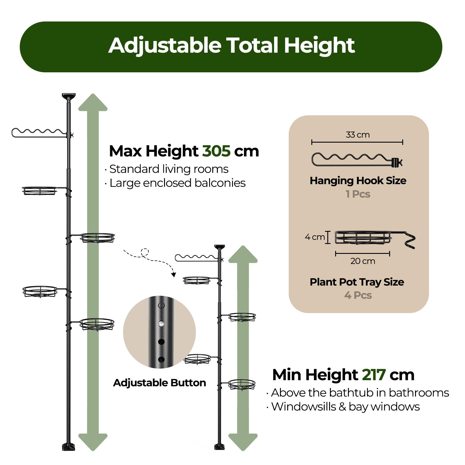 WELDUN Étagère à fleurs télescopique avec 4 supports de fleurs et 1 tuteur - Support pour plantes d'intérieur peu encombrant - Étagère d'angle en métal - Étagère suspendue réglable - 122-290 cm (H