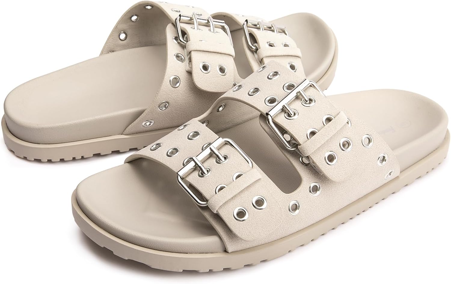 FUNKYMONKEY Women's Eyelets Adjustable Double Strap Slides Slip On Comfort Flat Sandals for Summer - Image 5