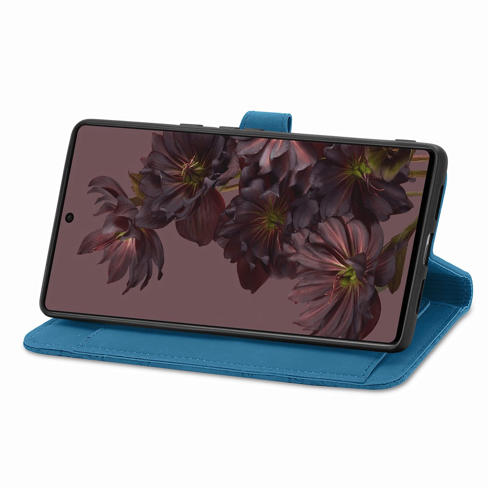 NEXCURIO Zip Wallet Case Voor Google Pixel 7 – Portemonneehoes Met Rits, Kaartvakken, Handriem, Standaard, Bloemenreliëf, Schokbestendig, Blauw