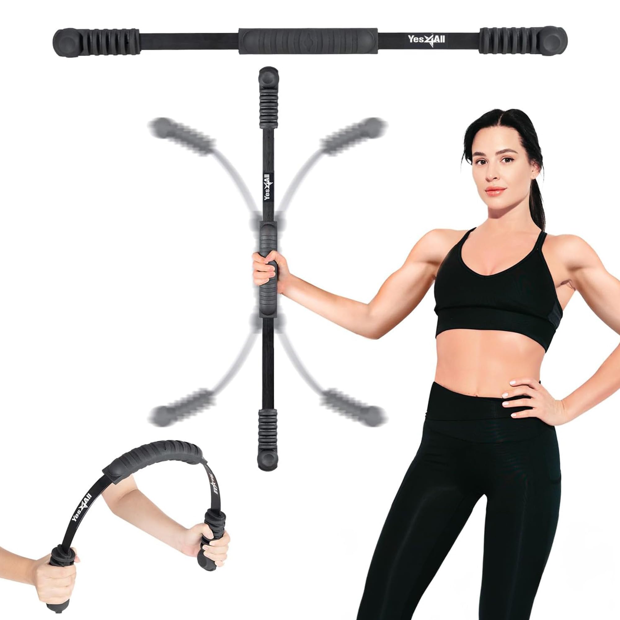 Yes4All Flex Bar, Elastic Fitness Bars with Strong Fiberglass & TPE Material, 2in1 Functional Exercise Bar, 9.5 inch Comfortable Grip, High Frequency Vibration Training, Strengthen Muscles & Burn Fat