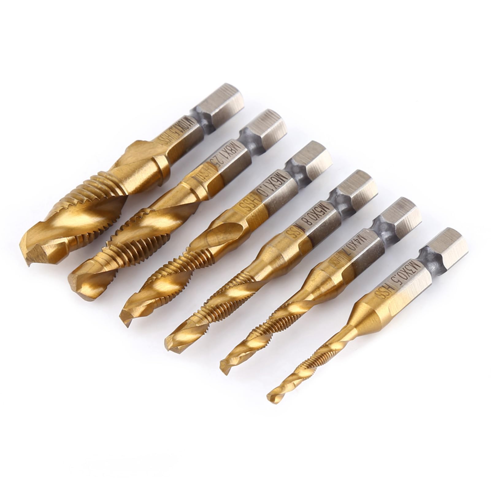 Set di 6 punte per trapano e maschiatura, filettatura metrica M3-M10, codolo esagonale 6 mm HSS placcato in titanio