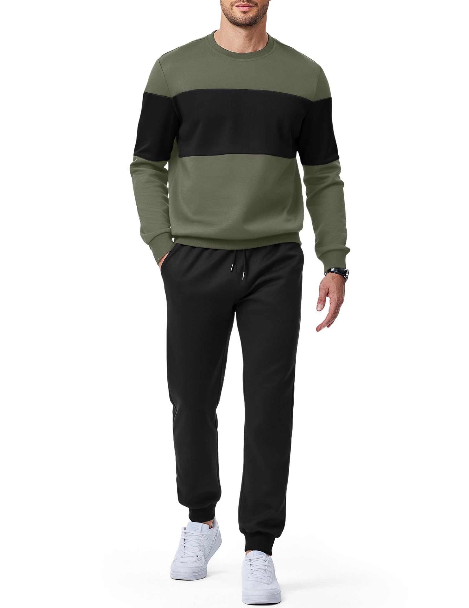 Men's 2 Piece Sweatsuits Outfits Casual Crewneck Color Block Sweatshirt Joggers Sweatpant…